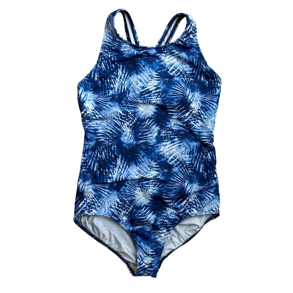 LAND’S END Girl’s One-Piece Swimsuit Racerback High Neck Scoop Bl/Wt Tie-Die 14